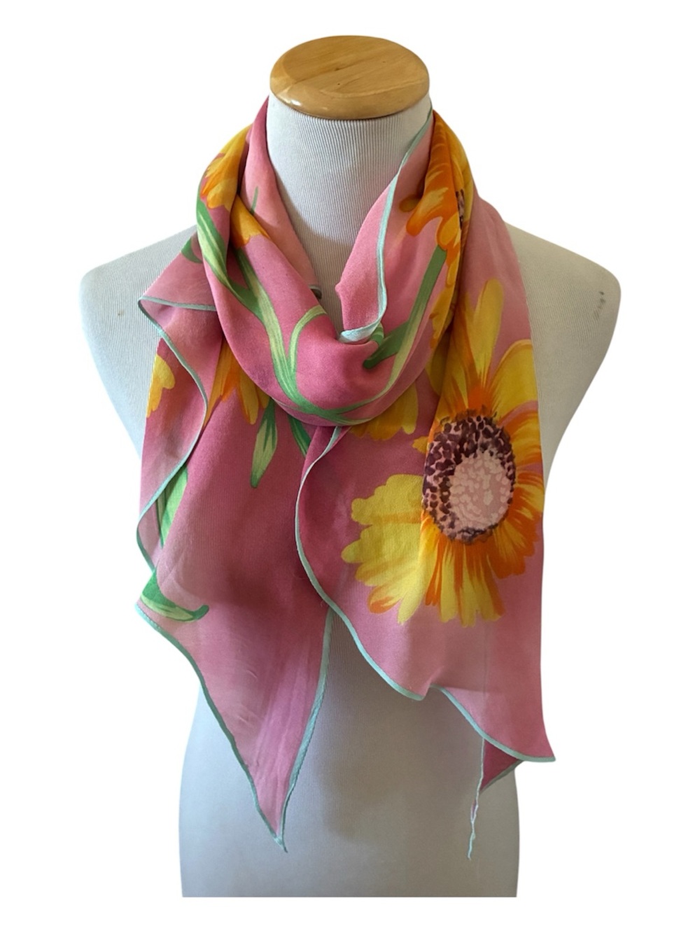 Vintage Ralph Lauren Collection Silk Chiffon Pink Yellow Sunflowers Scarf 13x68